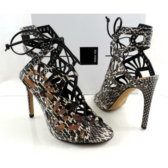 Dolce Vita Helena Lace Up Cutout Heel Sandal Black /White Snake Leather Size 7.5 - Picture 3 of 8